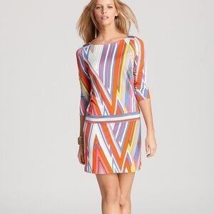 Juicy Couture geometric‎ shift dress womens size small 100% silk orange yellow